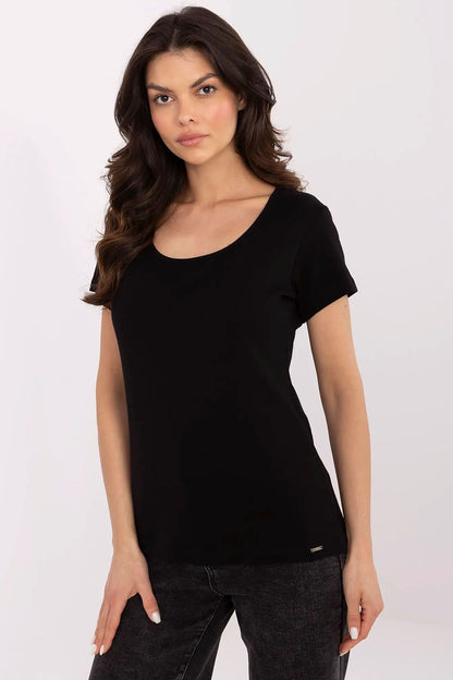Chic black casual t-shirt for women, designed with a smooth silhouette and luxurious fabric blend for ultimate comfort, available from Relevance.