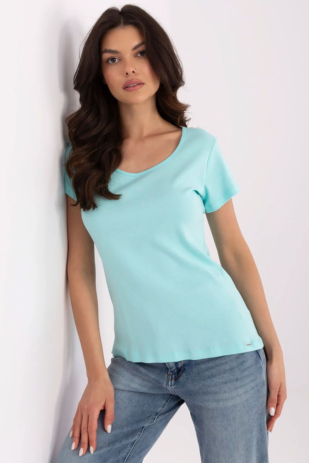 Luxury women's casual t-shirt in soft blue, designed by Relevance, featuring a classic round neckline and elegant silhouette for versatile fashion.