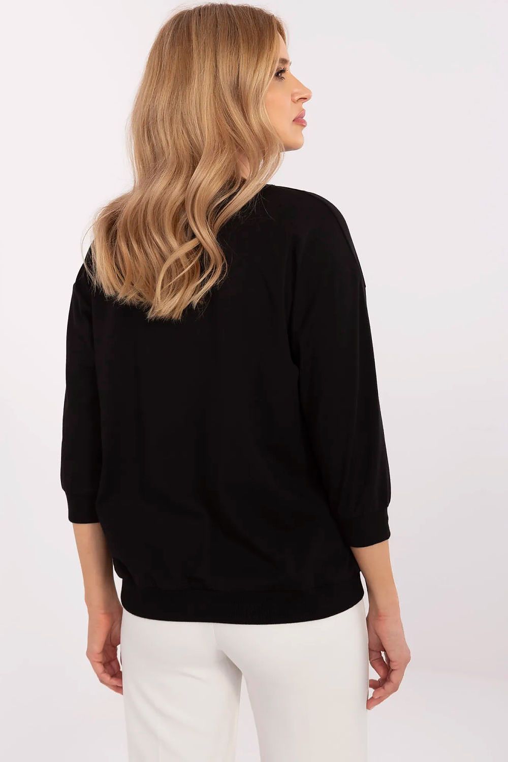 Chic black casual women's blouse with 3/4 sleeves, featuring a stylish back view, designed by Relevance.