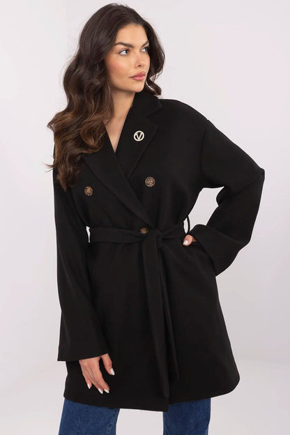 Chic Och Bella women's double-breasted coat in black, showcasing a sophisticated design with a waist tie and decorative brooch, perfect for formal occasions.