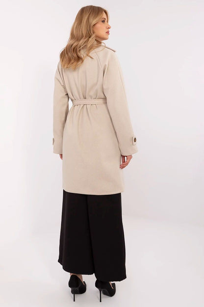 Back view of an elegant beige knee-length coat by Och Bella, designed with a waist tie for a flattering fit.