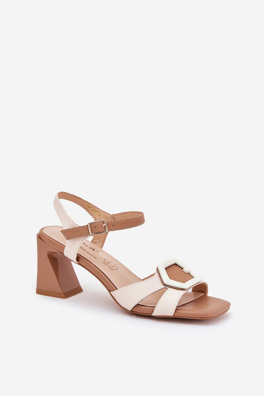 Chic natural leather heel sandals from Step in Style, designed with a sophisticated buckle detail and comfortable adjustable strap. The sandals are displayed elegantly, showcasing their 7.5 cm heel height and premium craftsmanship.