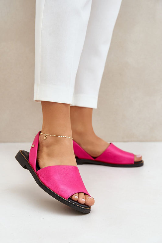 Luxury slip-on women's sandals in vibrant pink natural leather, featuring a stylish open toe design and set on a comfortable flat heel, designed by Step in Style.