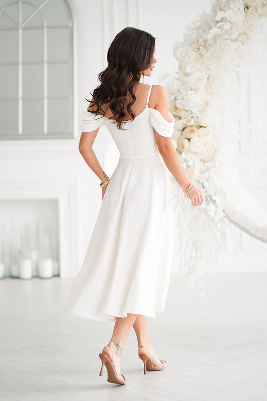 Elegant ecru midi dress featuring a draped top and dropped sleeves showcased against a luxurious backdrop, perfect for formal events by Bicotone.