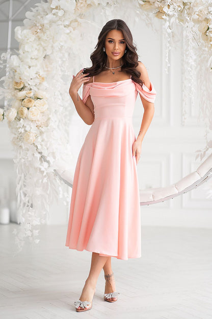 Chic pink midi dress with draped off-shoulder design, ideal for summer occasions, elegantly styled by Bicotone.