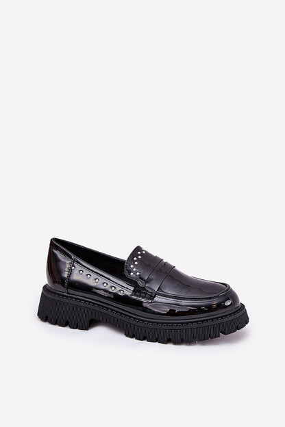 Chic black patent eco leather moccasins from Step in Style, featuring embellishments and a thick flat sole, perfect for modern elegance.