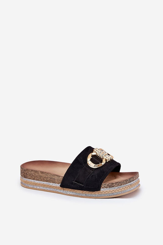 Luxurious black suede flip-flops with a golden motif by Step in Style, featuring a chic platform that adds a touch of glamour.
