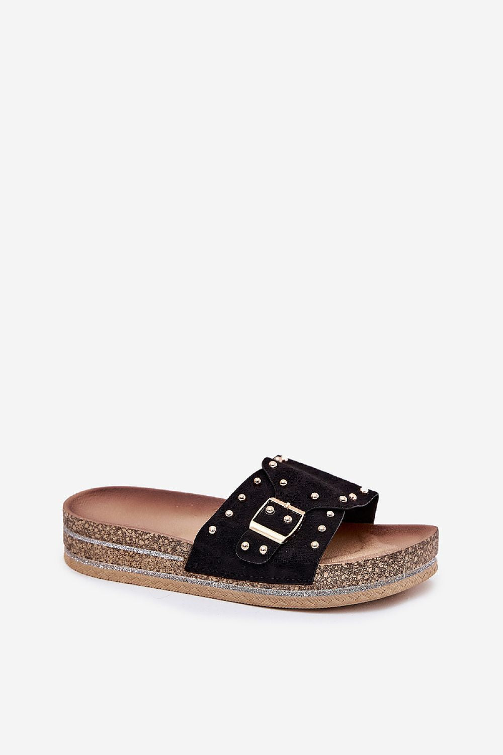 Stylish black eco suede platform sandals with studs and a buckle, showcased in a minimalist setting, ideal for elevating fashionable summer outfits, by Step in Style.