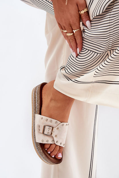 Chic cream eco suede women's platform sandals with a decorative buckle and studs, showcasing modern elegance for summer styling, by Step in Style.