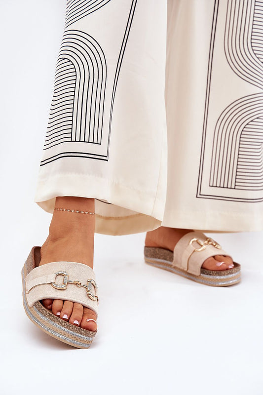 Luxury eco suede flip-flops with decorative gold detail, designed by Step in Style. The slippers feature a stylish platform with sequins and are perfect for summer outfits.