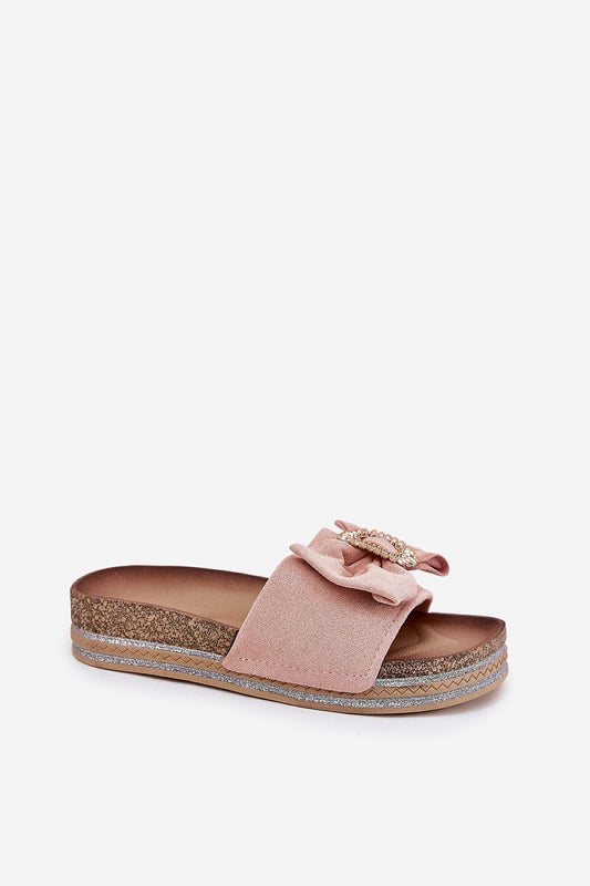 Close-up of luxury eco suede flip-flops featuring a charming bow and brooch detail by Step in Style, showcasing their chic design.