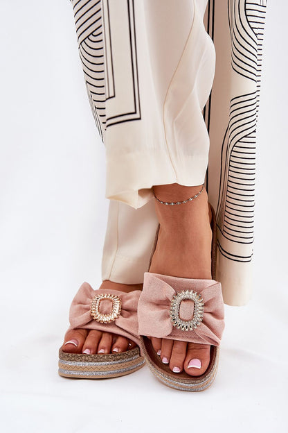 Another angle of luxury eco suede flip-flops with an elegant bow and brooch, styled by Step in Style, highlighting the trendy platform design.