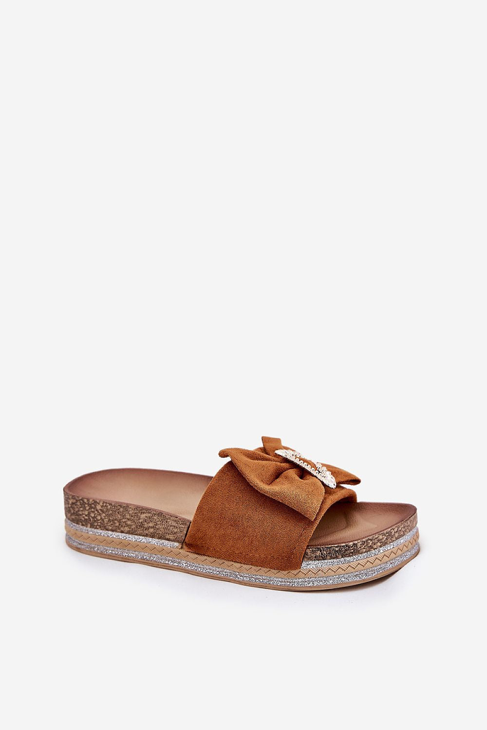 Luxury eco suede brown flip-flop slipper with decorative bow and brooch, designed by Step in Style. Elegant platform slipper featuring sequined sole.