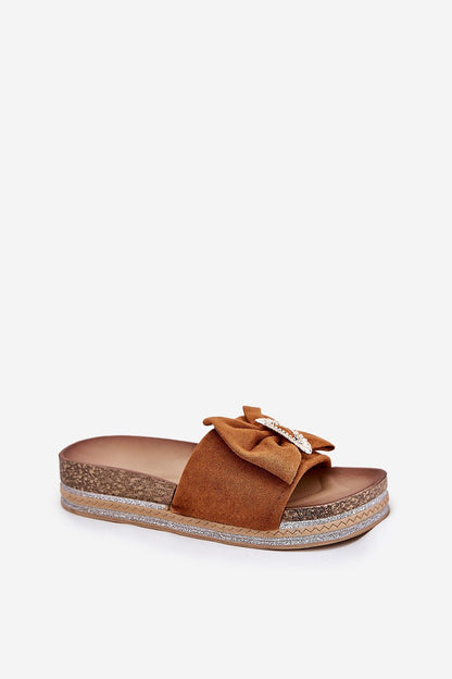 Luxury eco suede brown flip-flop slipper with decorative bow and brooch, designed by Step in Style. Elegant platform slipper featuring sequined sole.