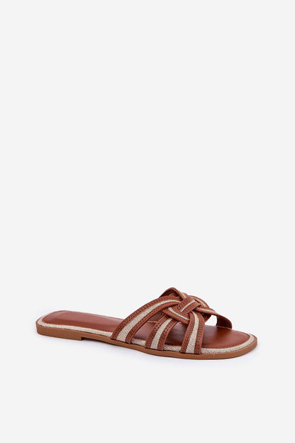 Fashion-forward brown eco leather flip-flops featuring intricate interwoven straps, perfect for elevating your summer wardrobe. | Step in style