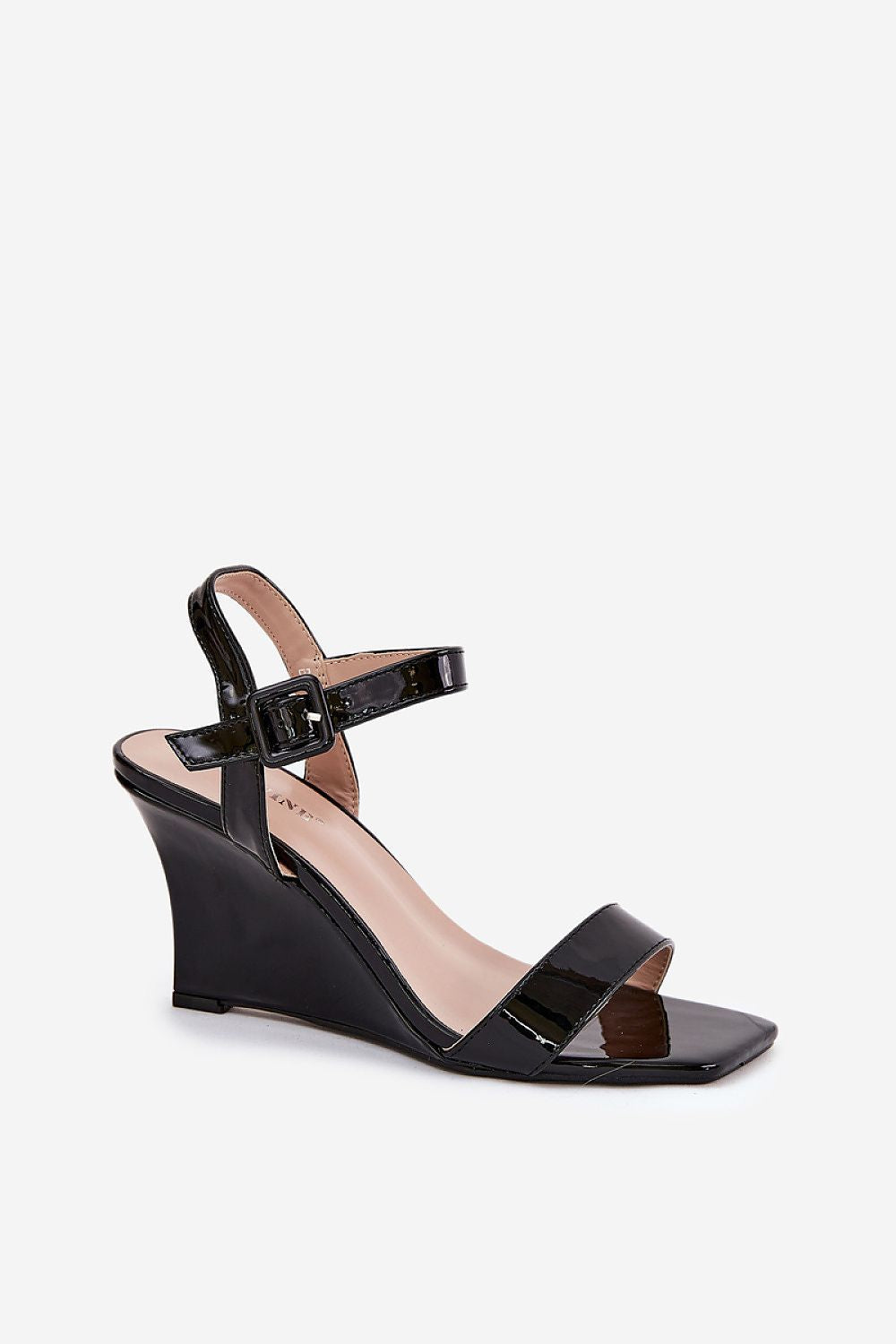 Elegant eco leather wedge sandals from Step in Style featuring a glossy black finish and adjustable buckle strap, perfect for warm summer days.