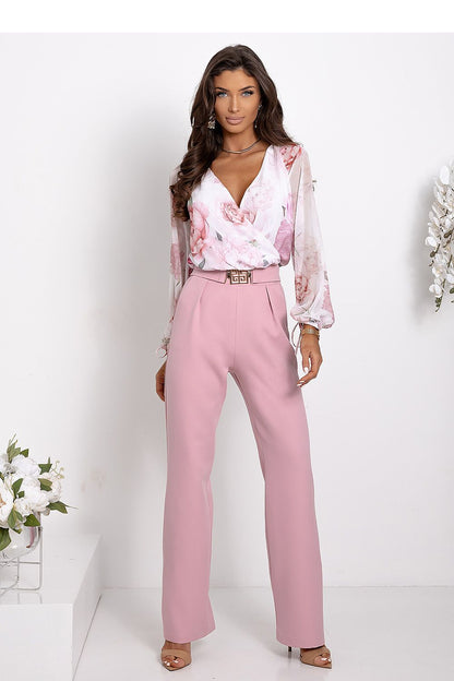 Chic pink version of the elegant floral blouse and tailored trousers set by With You, model showcasing a luxurious style.