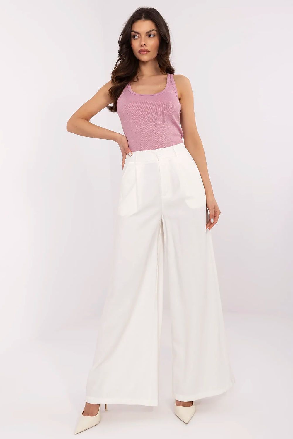 Elegant women's Palazzo pants in high-quality viscose by NM, styled with a fitted top, showcasing the wide-leg design ideal for formal occasions.