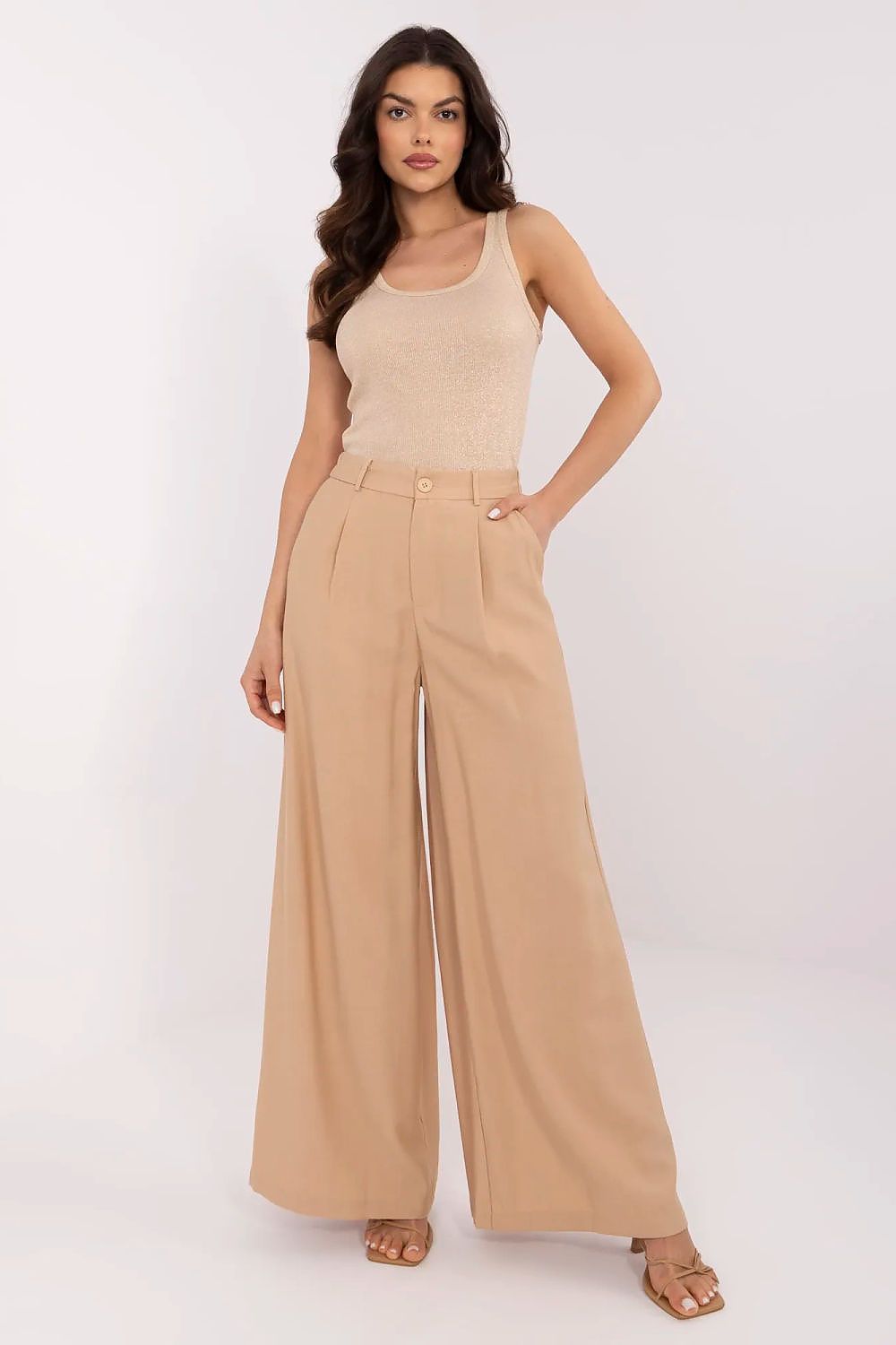 Sophisticated women's palazzo pants in beige, crafted by NM, featuring a high waist and wide legs ideal for work and elegant gatherings.
