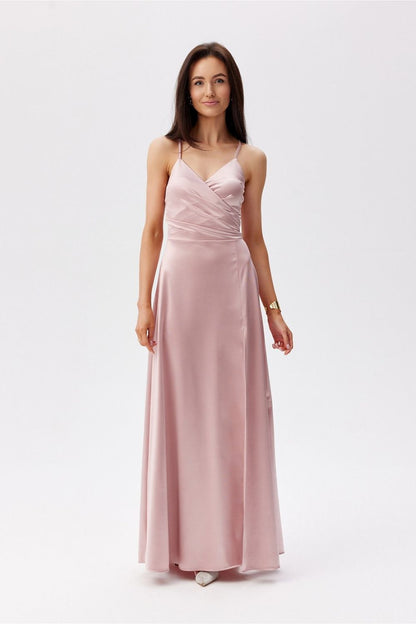 Front view of the stunning Roco Fashion maxi dress in pink, elegantly designed with thin straps and a flattering silhouette.