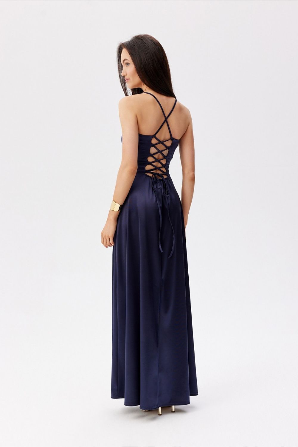 Elegant Roco Fashion Maxi Dress in navy with a stylish lace-up back design, perfect for formal occasions.