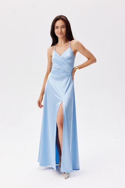 Light blue Roco Fashion maxi dress with a trendy thigh-high slit and delicate thin straps, perfect for summer gatherings.