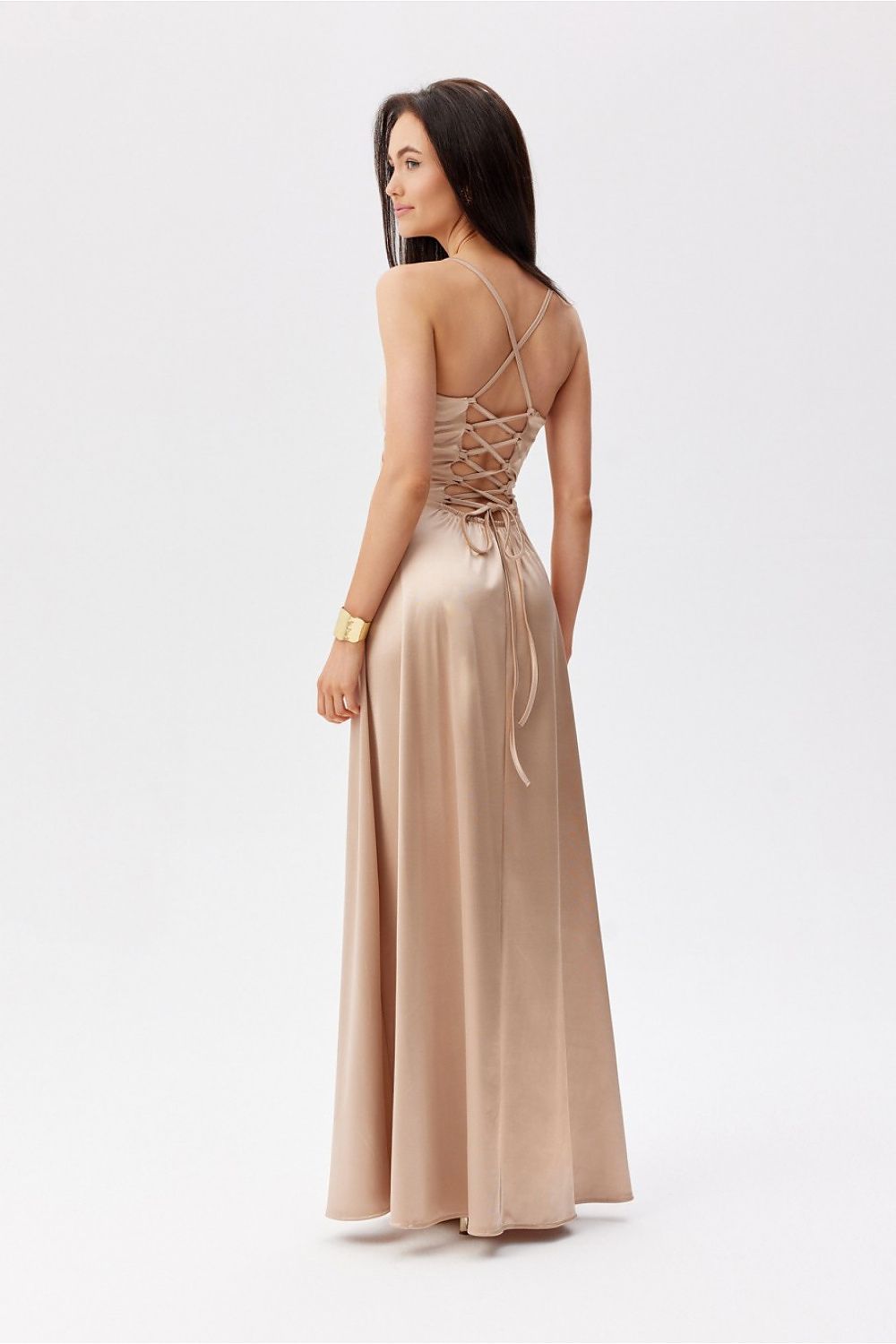Elegant back view of the Roco Fashion maxi dress featuring thin straps and decorative lacing, showcasing a luxurious satin finish.