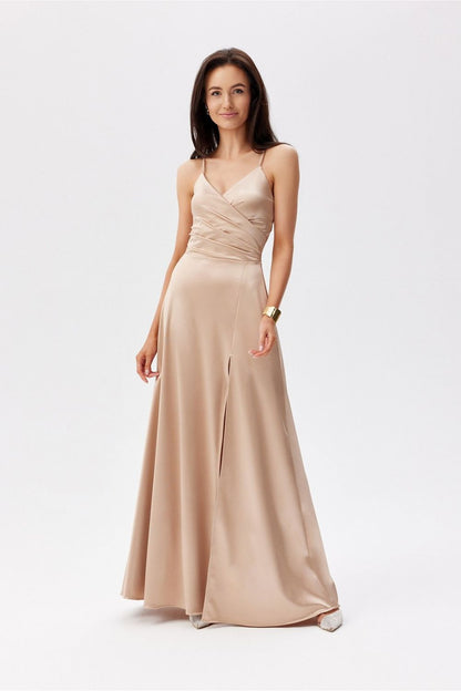 Sophisticated front view of the Roco Fashion maxi dress with a flattering wrap-around design, elegant slit, and thin straps, perfect for glamorous occasions.