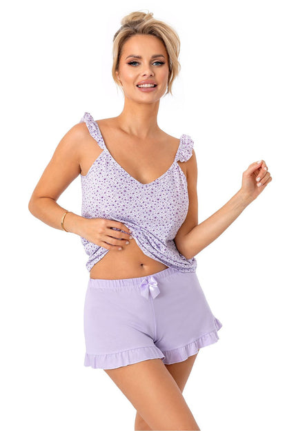 Luxury women's cotton pajama set by Donna featuring a charming V-neck top with delicate floral print and ruffled shorts, perfect for comfortable lounging.
