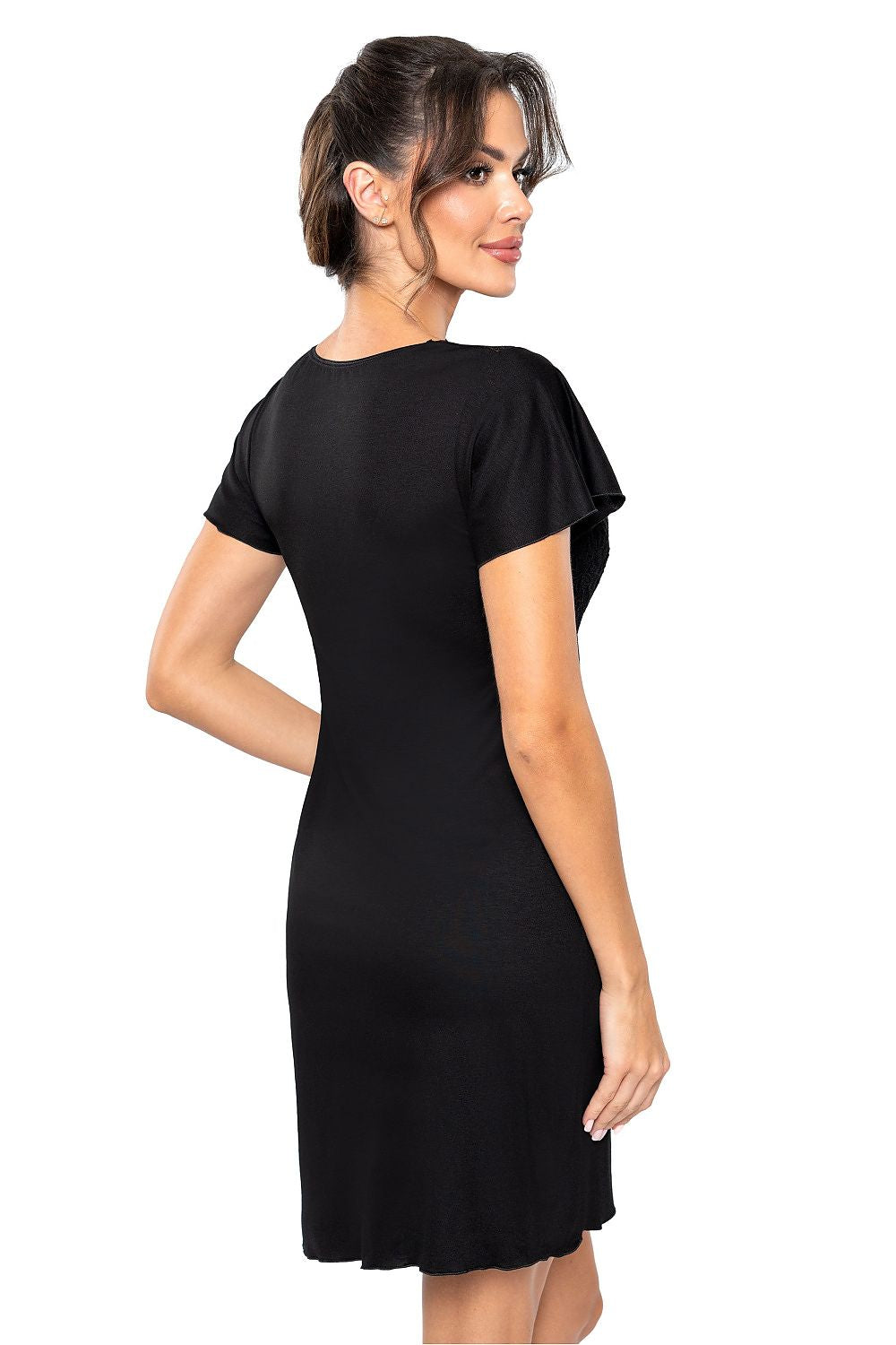 Elegant back view of a black lace-trimmed nightshirt by Donna, showcasing its flattering fit and soft fabric, perfect for a luxurious night's sleep.