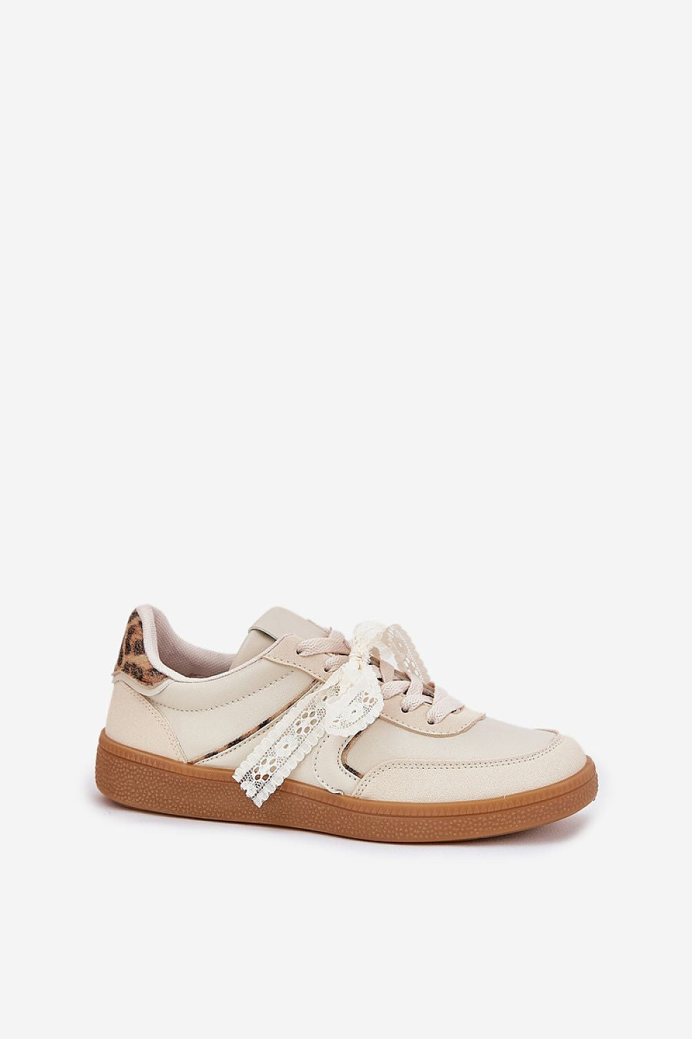 Side view of elegant beige eco leather sneakers with leopard print detail by Step in Style, epitomising luxury and comfort in casual footwear.