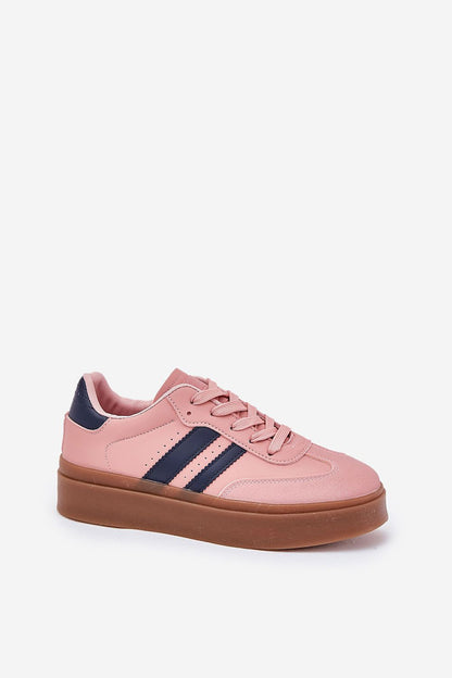 Women's eco leather platform sneakers in soft pink with navy stripes by Step in Style, showcasing a modern rounded toe design for all-day comfort and chic style.