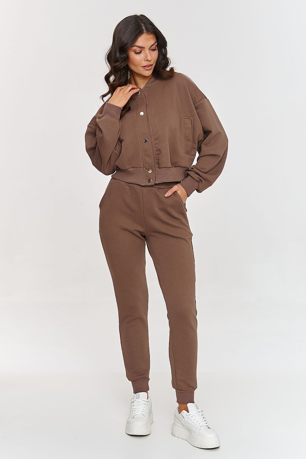 Luxurious Makadamia 3-in-1 Cotton Tracksuit Set featuring a stylish bomber jacket, elegant striped top, and chic loose-fit pants in EU size 0.