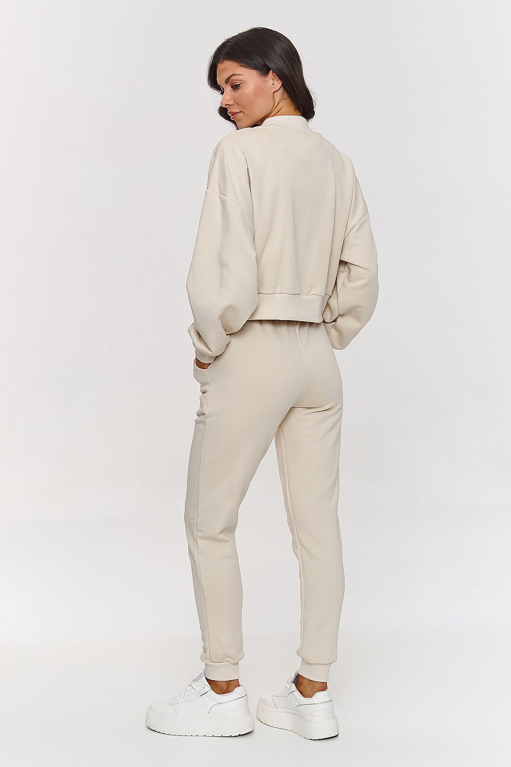 Elegant Makadamia 3-in-1 Cotton Tracksuit Set featuring a stylish bomber jacket, perfect for sophisticated casual wear.