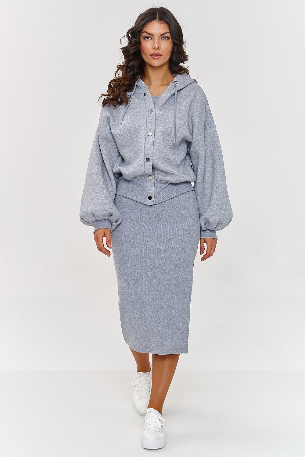 Stylish and versatile striped dress and oversized hoodie set for women by Makadamia, showcasing elegant design with feminine silhouette and comfortable fit.