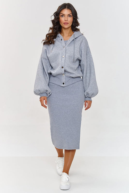 Stylish and versatile striped dress and oversized hoodie set for women by Makadamia, showcasing elegant design with feminine silhouette and comfortable fit.
