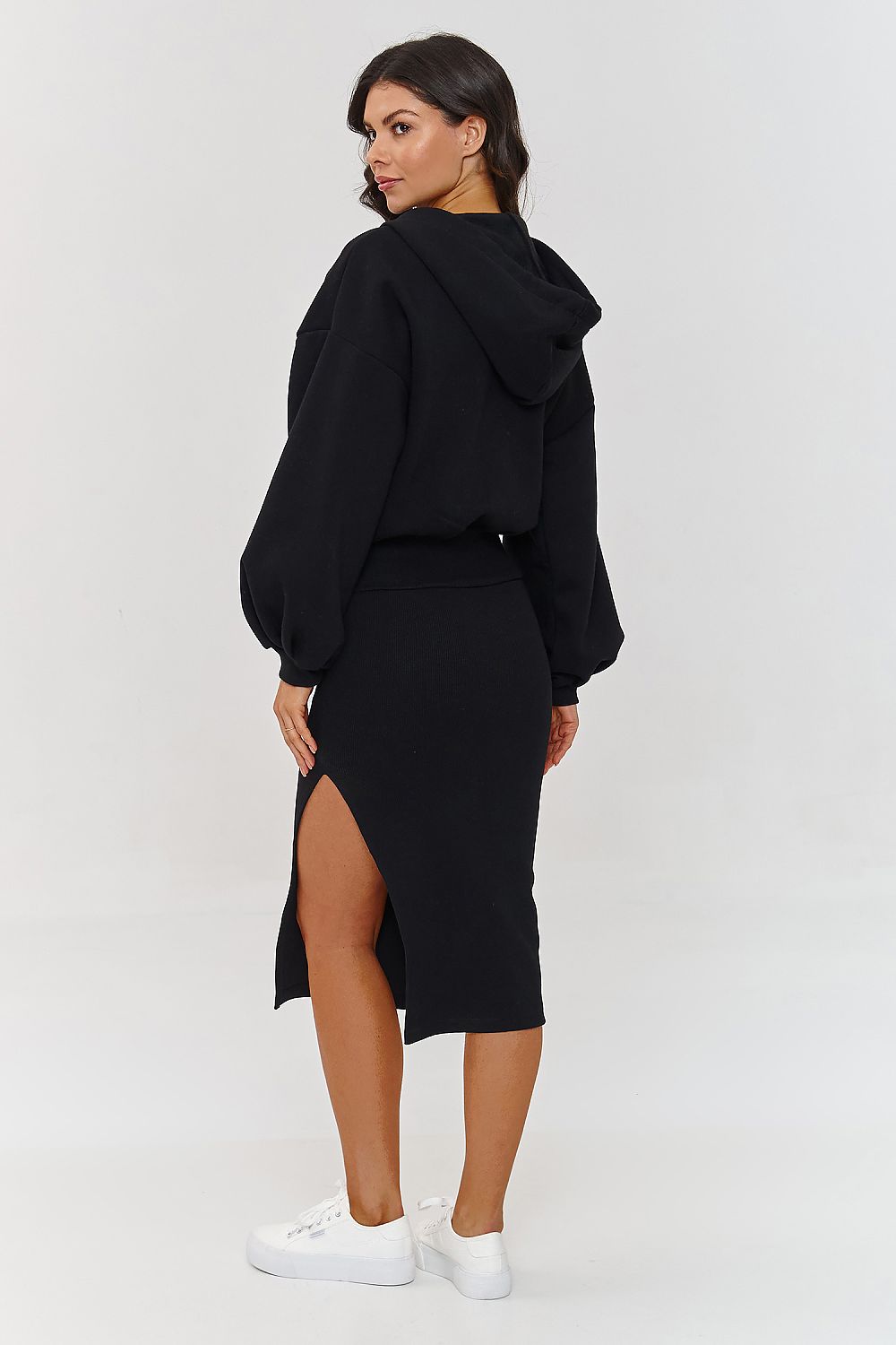 Chic cotton and spandex striped dress paired with an oversized hoodie from Makadamia, perfect for comfort and style.