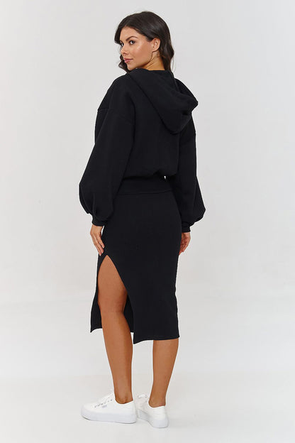 Chic cotton and spandex striped dress paired with an oversized hoodie from Makadamia, perfect for comfort and style.