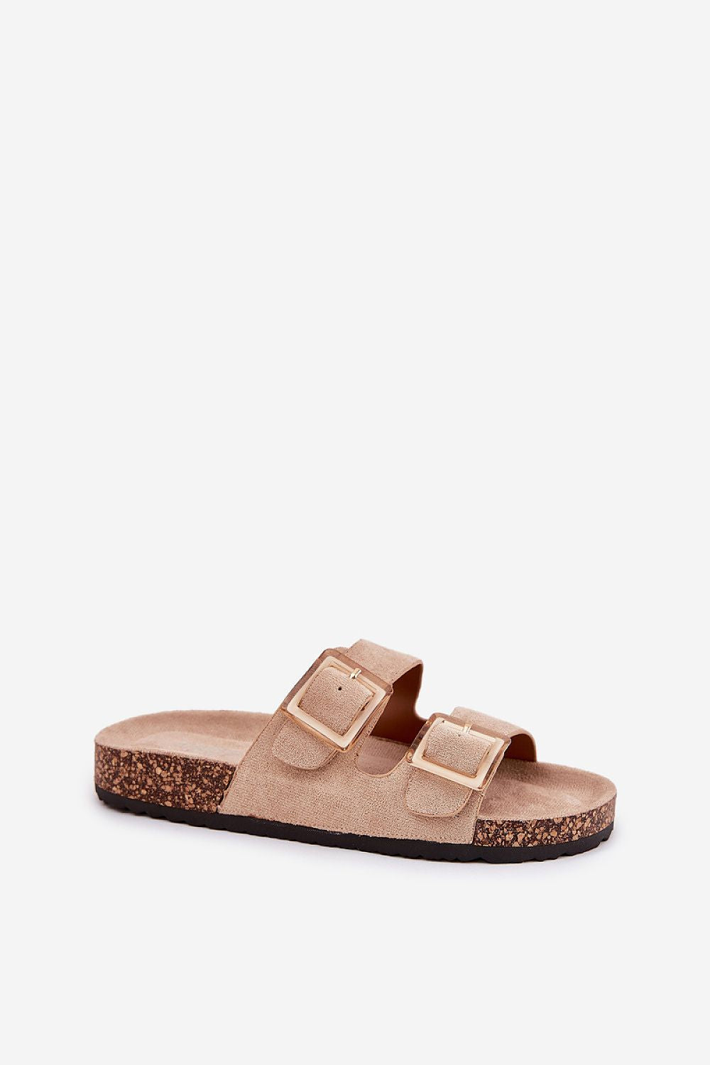 Elegant eco suede women's sandals by Step in Style displayed on a minimalist background, showcasing two buckle straps and a chic cork sole.