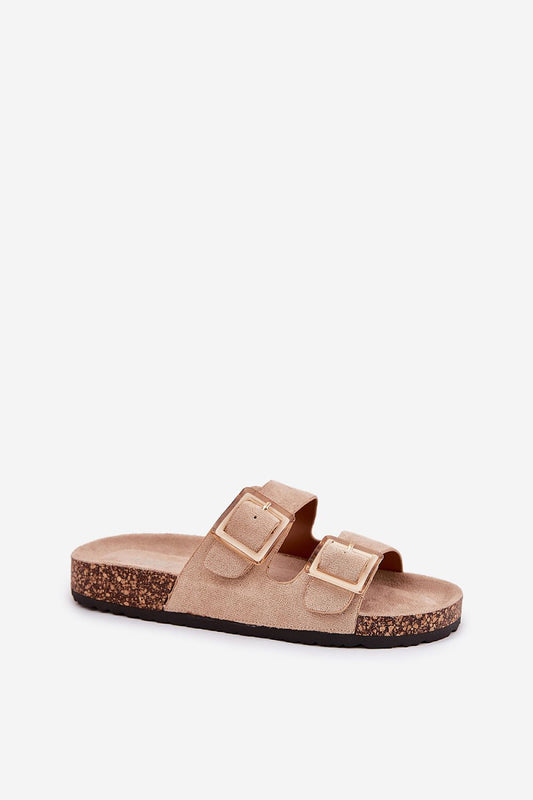 Elegant eco suede women's sandals by Step in Style displayed on a minimalist background, showcasing two buckle straps and a chic cork sole.