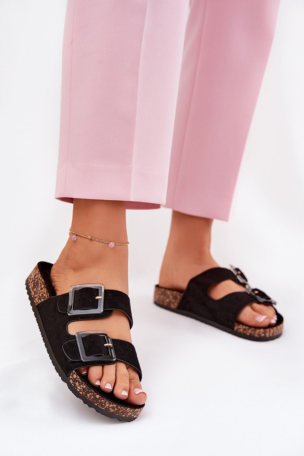 Sophisticated black eco suede women's sandals by Step in Style with dual buckles and a comfortable cork sole, creating a fashionable look.
