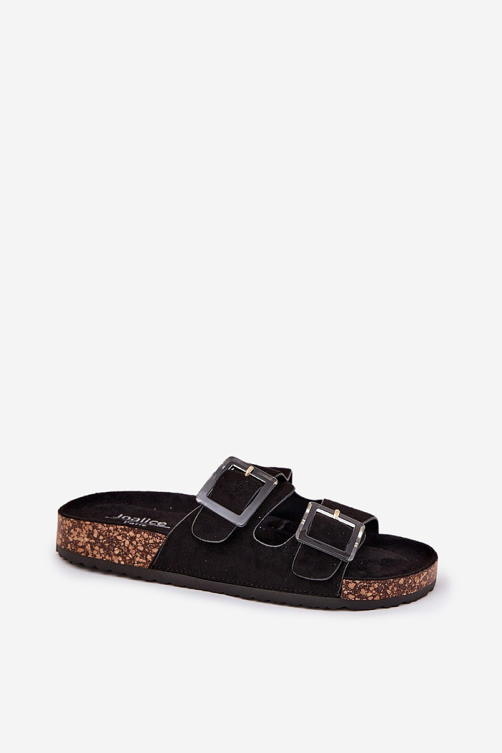 Stylish black eco suede sandals by Step in Style showcased on a minimalist background, highlighting the elegant buckle design and cushioned cork sole.