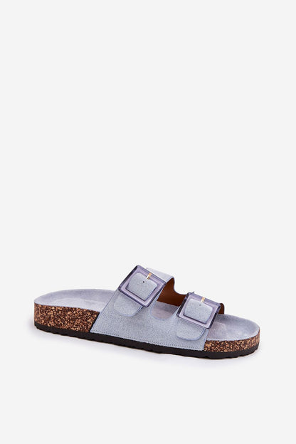 Sophisticated light blue eco suede women's sandals showcasing rectangular buckles, set on a natural cork sole – a must-have by Step in Style.