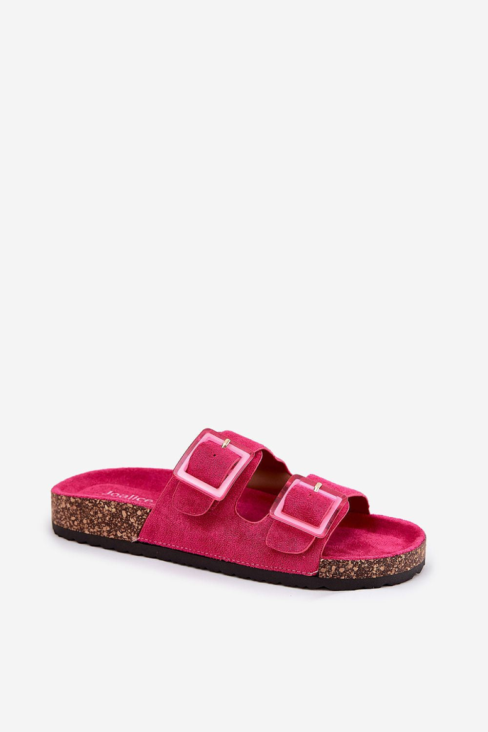 Luxurious eco suede women's sandals in vibrant pink with fashionable buckle details, featuring a comfortable cork sole from Step in Style.