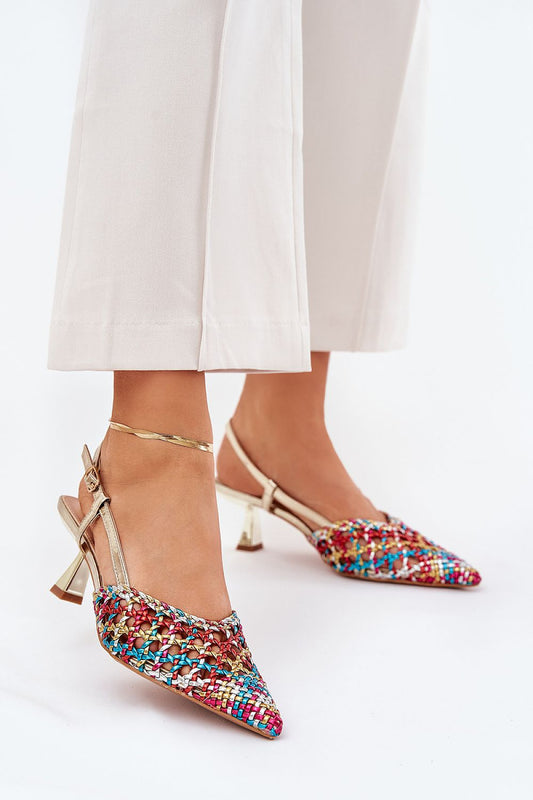 Elegant women's open-toed high heels with vibrant multi-coloured woven design, featuring a chic buckle fastening, from Step in Style. Ideal for sophisticated evening wear.