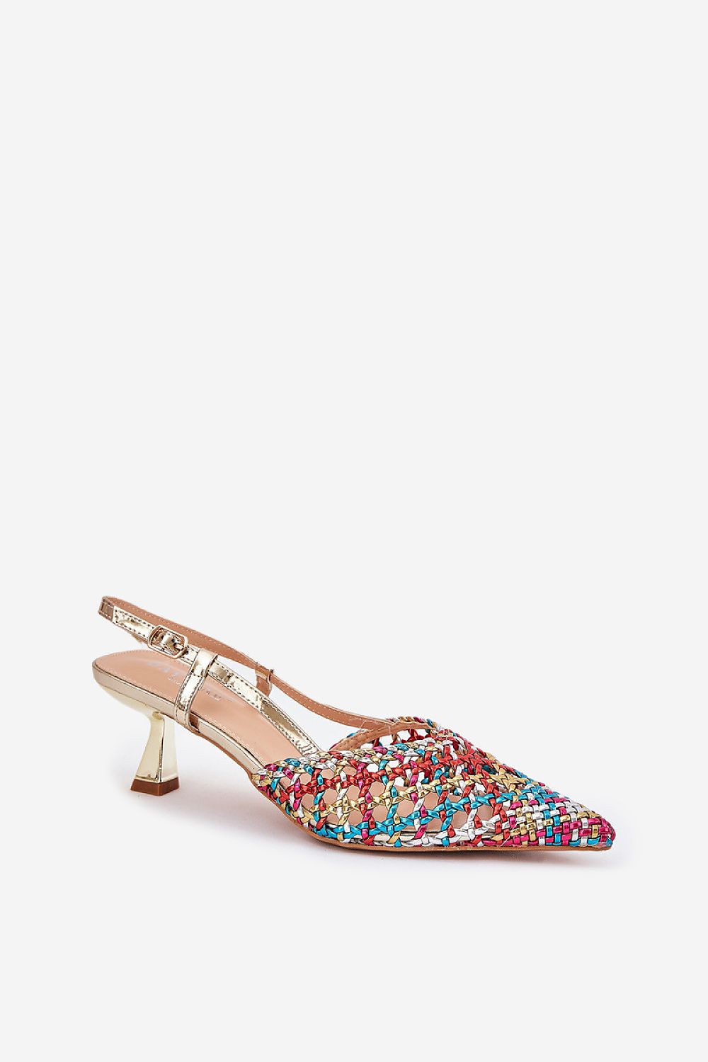 Stylish women's open-toed high heels showcasing a striking multi-colour woven pattern, complete with a secure buckle closure, by Step in Style. Perfect for upscale occasions.