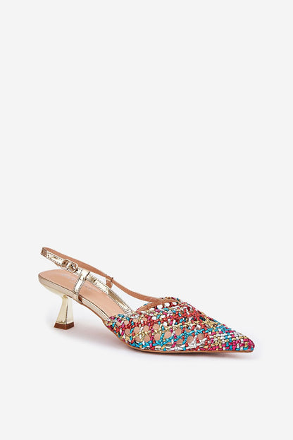 Stylish women's open-toed high heels showcasing a striking multi-colour woven pattern, complete with a secure buckle closure, by Step in Style. Perfect for upscale occasions.
