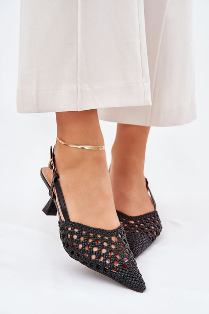 Chic women's open-toed black heels with intricate woven design and a sophisticated buckle fastening, crafted by Step in Style. An exquisite addition to any formal attire.