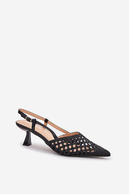 Sophisticated black open-toed heels featuring a stylish woven pattern and elegant buckle detail, designed by Step in Style. A luxurious option for glamorous outings.