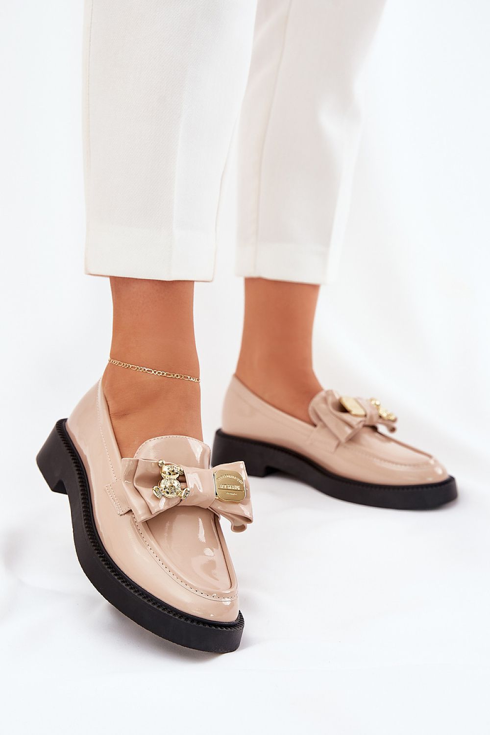 Luxurious eco leather loafers by Step in Style featuring elegant bow and teddy bear detail, available in sizes EU 36-41, perfect for sophisticated everyday wear.